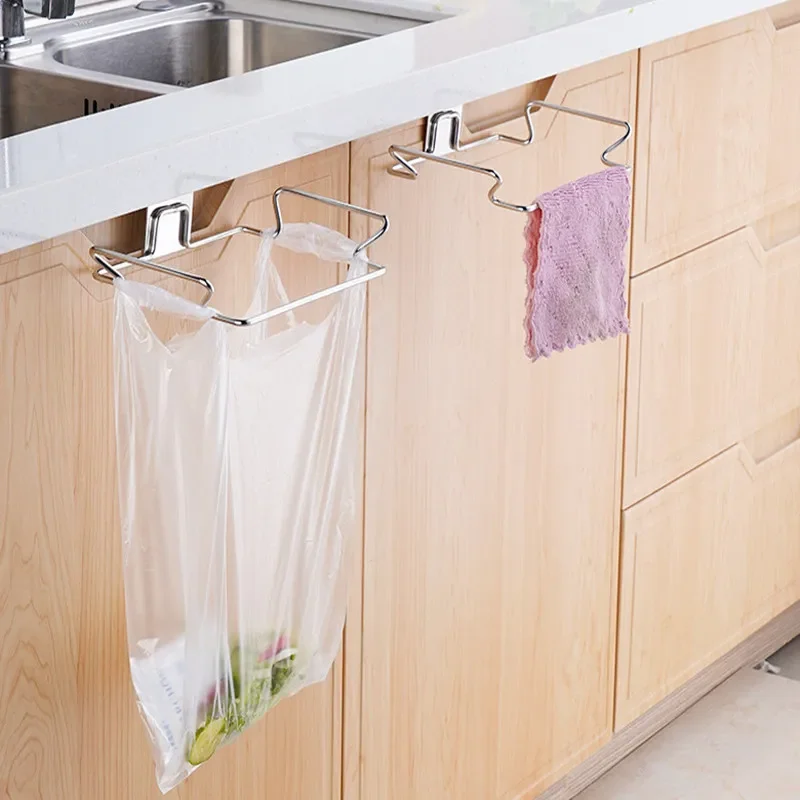 Hangable Stainless Steel Garbage Bag Rack Cabinet Door Back Storage Bracket Cabinet Door Garbage Bags Holder Kitchen Item