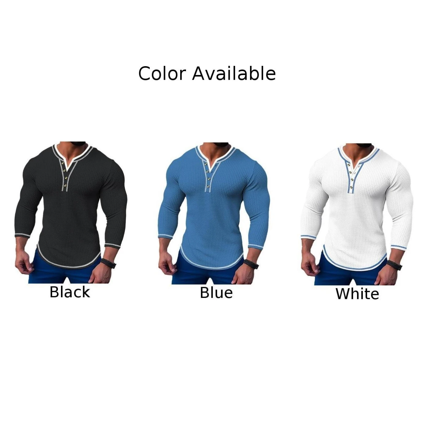 Casual Man Waffle T-Shirt Buttons Henley Collar Long Sleeve Solid Color Pullover T Shirt For Men Tees Tops Clothing