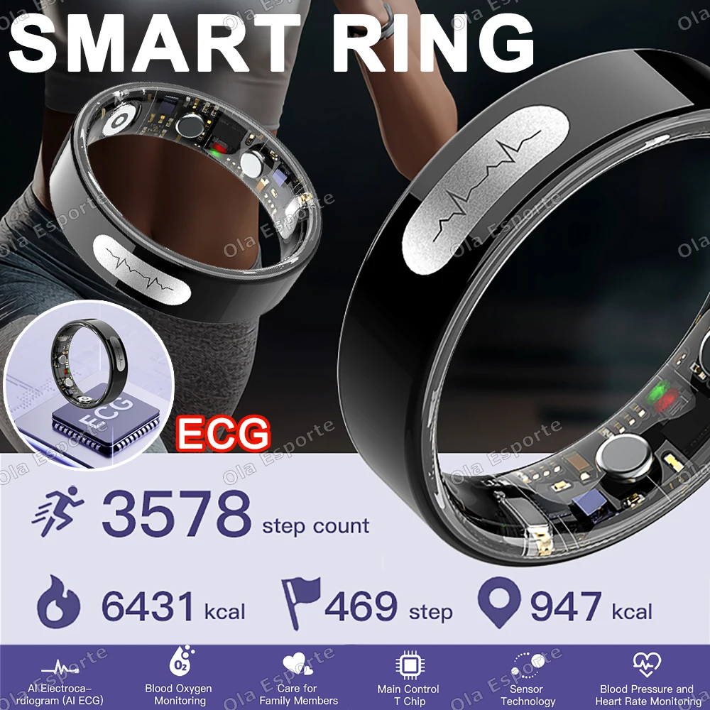 

AI ECG Detection Smart Ring Blood Pressure,Heart Rate,Body Temperature Monitor,Waterproof Multiple Sport Track Men Women Rings