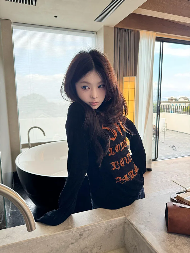 American High Street Spicy Letter Print T-shirt lunga Sve da donna Strato base Top Design Sensation Slim Fit Abbigliamento autunnale