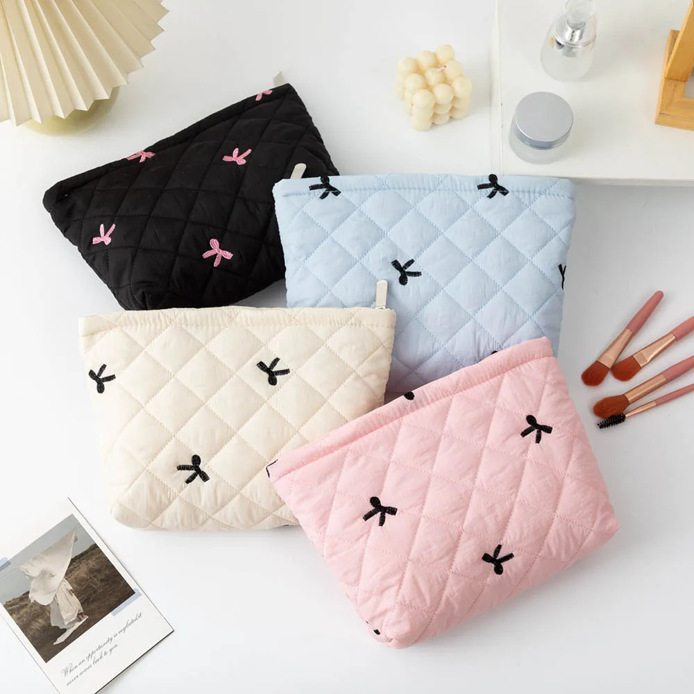 Embroidery Bow Cosmetic Bag Sweet Student Bow Makeup Bag for Girl Cute Plaid Pencil Case Portable Travel Square  Storage Pouch