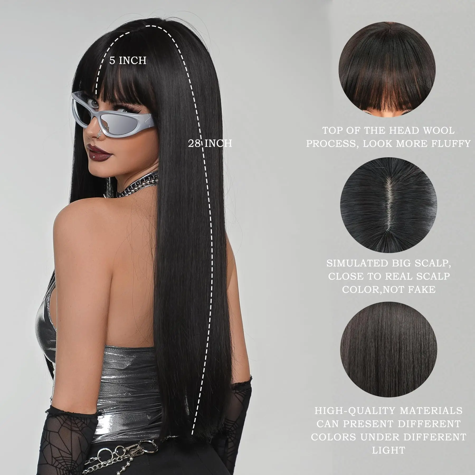 Black Synthetic Wig with Long Straight Hair - Halloween Cosplay Costume - Role-Playing Party - High-Temperature Hair Cap