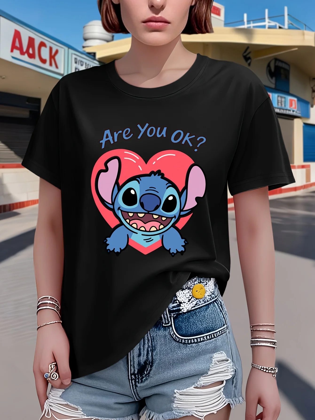 المرأة ديزني غرزة يحمل على هدية تي شيرت الرجال القطن المحملة س الرقبة عادية كبيرة الحجم قصيرة الأكمام الشارع الشهير ملابس علوية الموضة