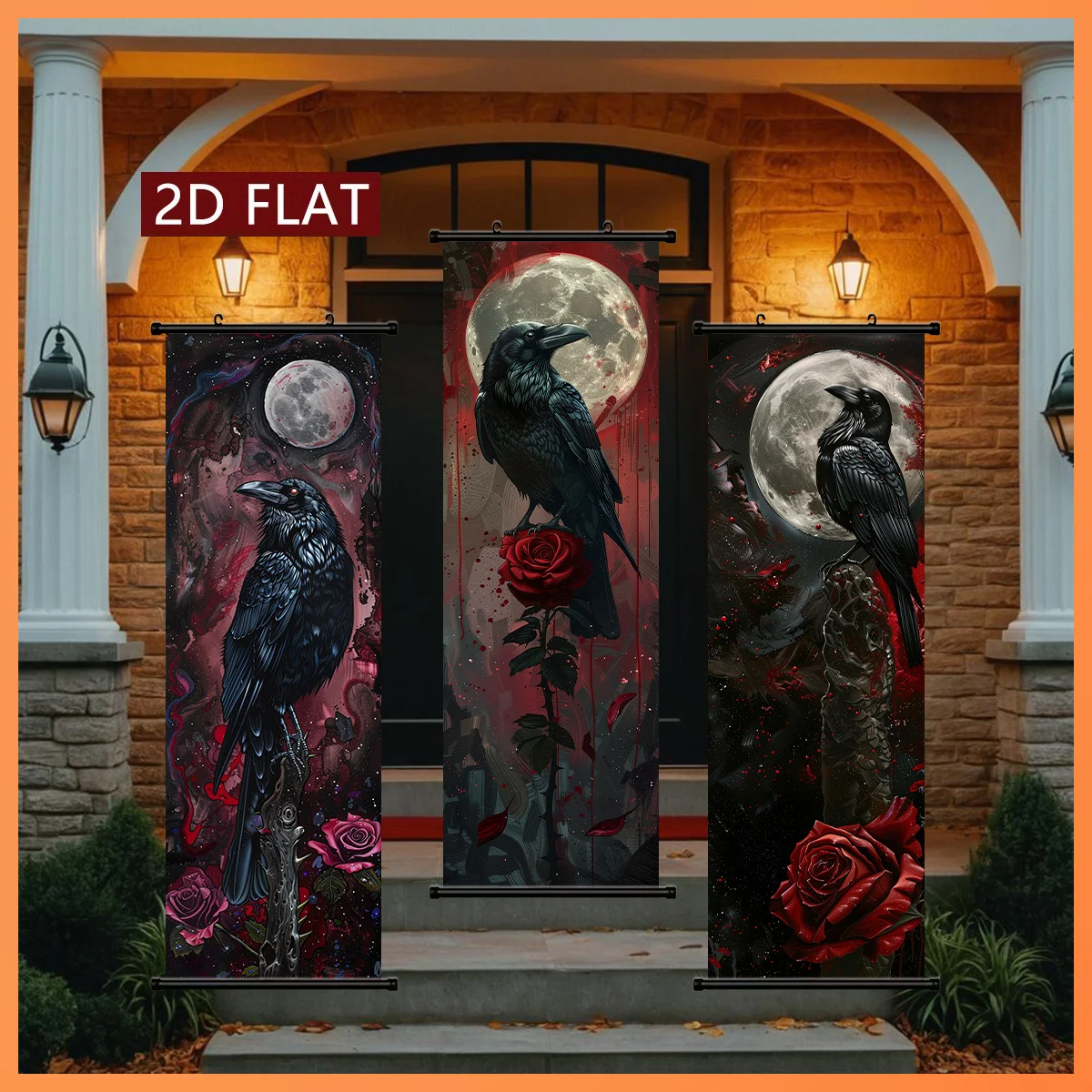 VIKAMA Gothic Raven Crow Full Moon Rose 3 Piece Wall Scroll Tapestry Set Dark Wall Art Decor for Living Room Bedroom