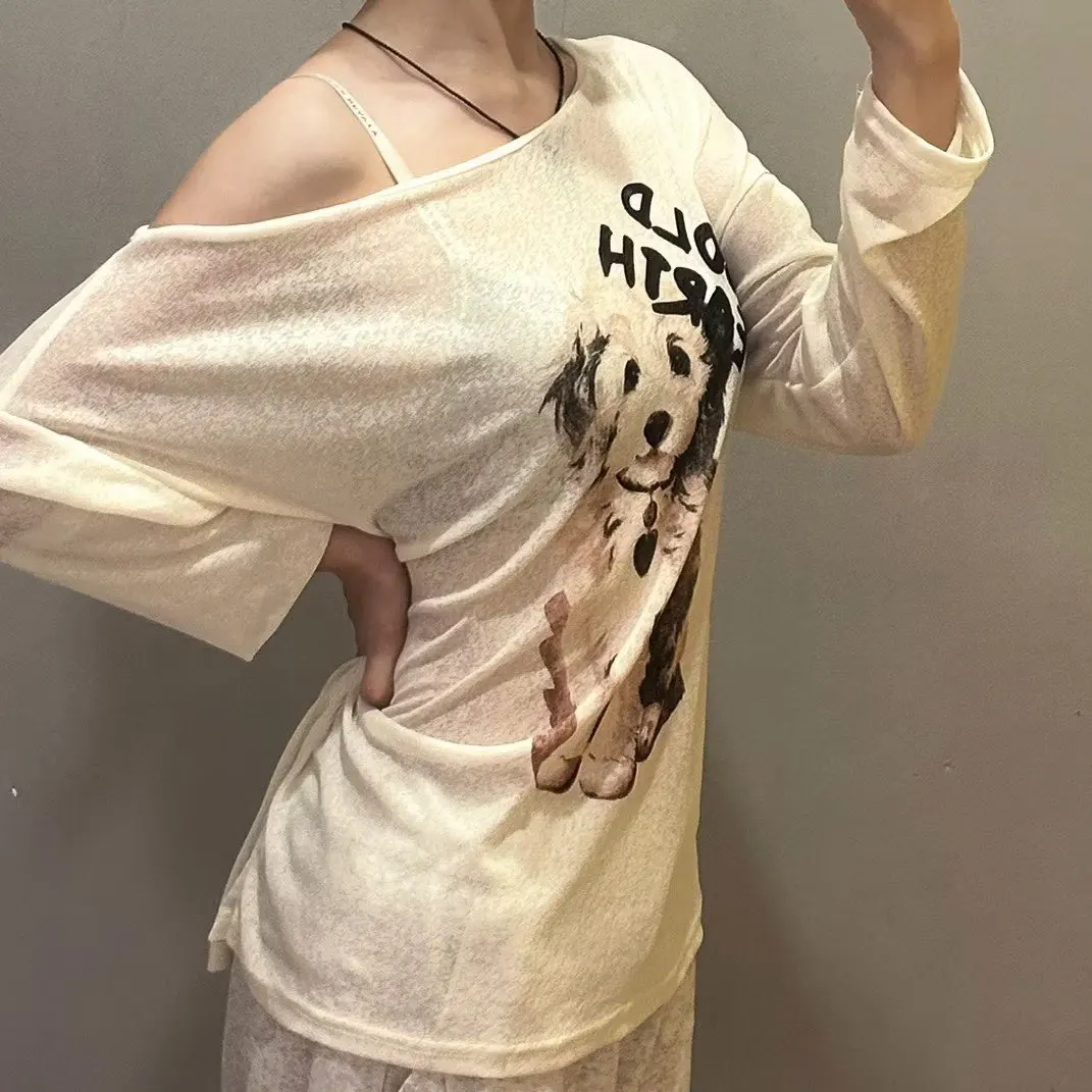 Kimotimo Off Shoulder Dog Letter Print Long Sleeve T-shirt Women Korean Chic Casual Loose Sheer Tops Fashion Y2k Aesthetic Tees