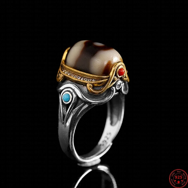 

S925 Sterling Silver Charms Rings for Women Men Retro Buddha Statue Inlaid TianZhu Agate Amulet New Fashion Jewelry Wholesale