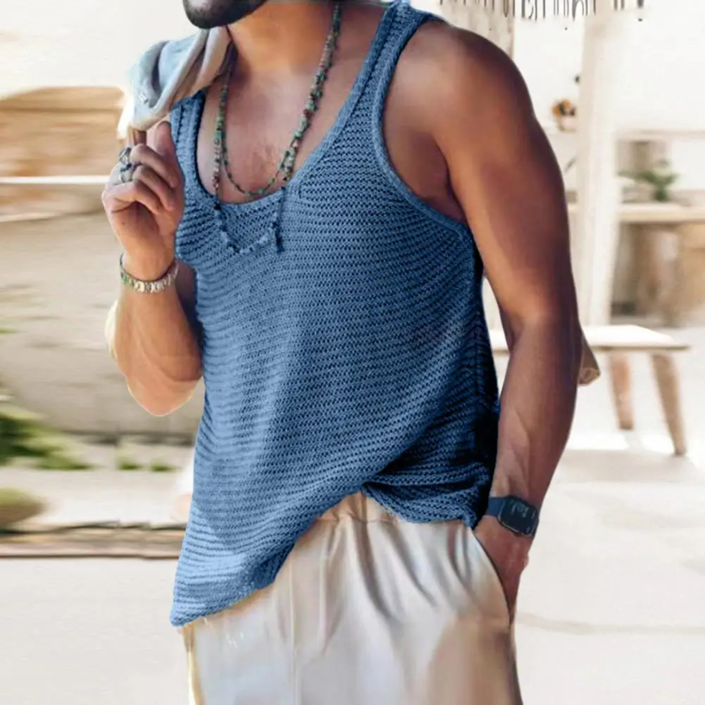 Men Summer Vest Sleeveless Solid Color Simple Style Knitted U Neck Sports Soft Pullover Men TankTop Men Clothes Summer Vest