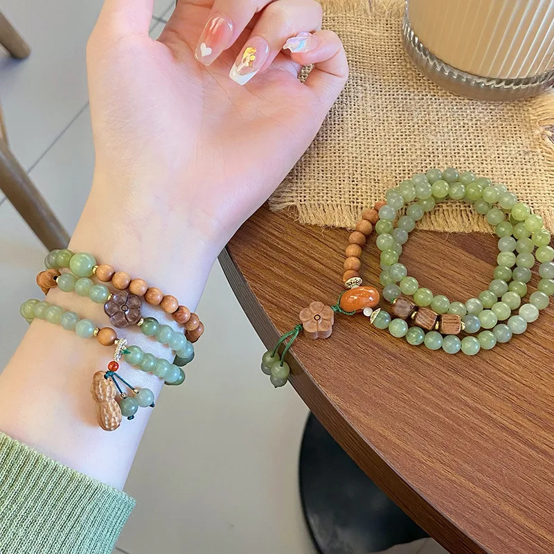 New Chinese Mori Artistic Ethnic Style Retro Xiuyan Jade Wooden Three Circles Dual-Wear Jewelry Bracelet Peanut Peac