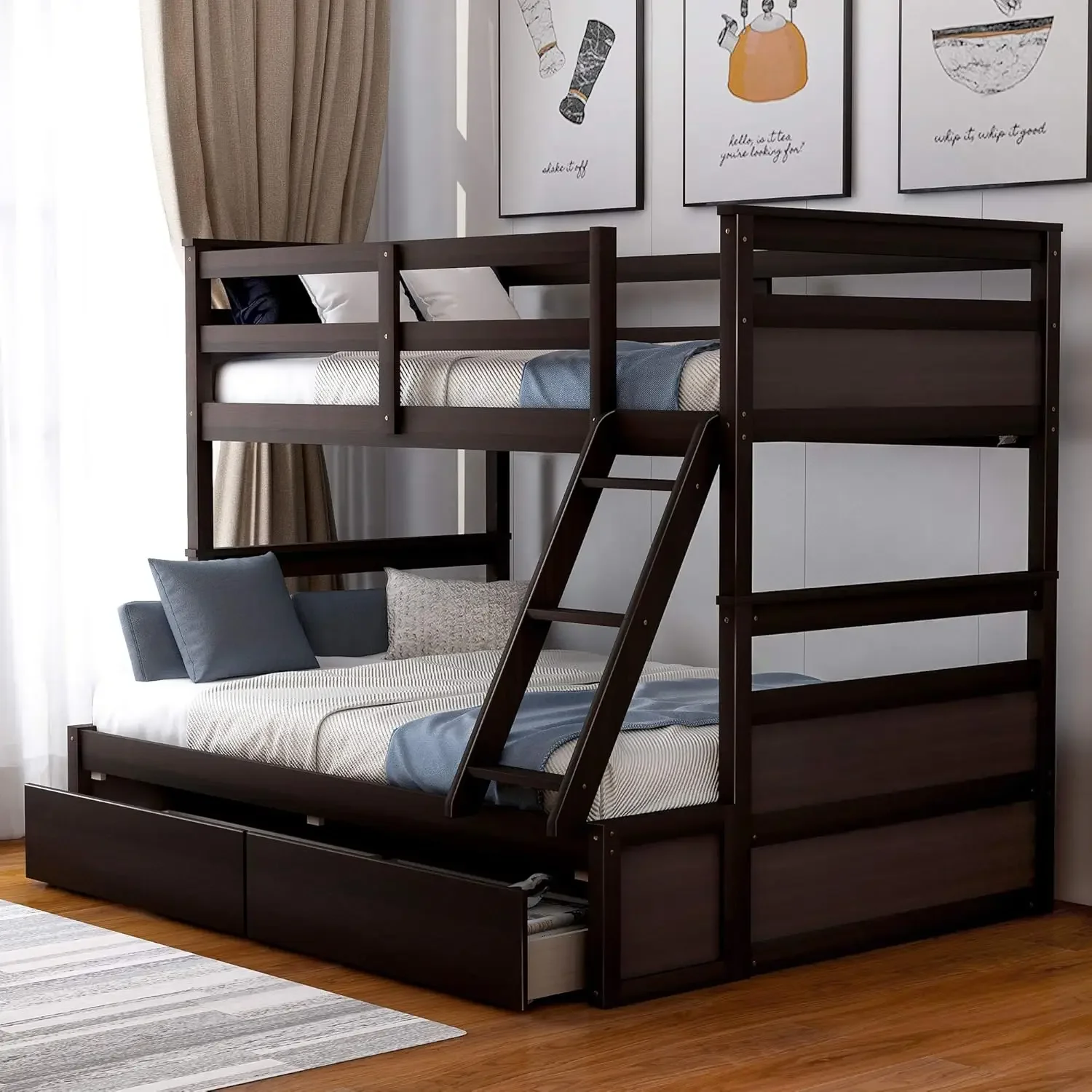 Twin Over Full Bunk Bed, Wood Bunk Bed with Removable Ladders and Two Storage Drawers, Convertible into Two Individual Beds (Esp