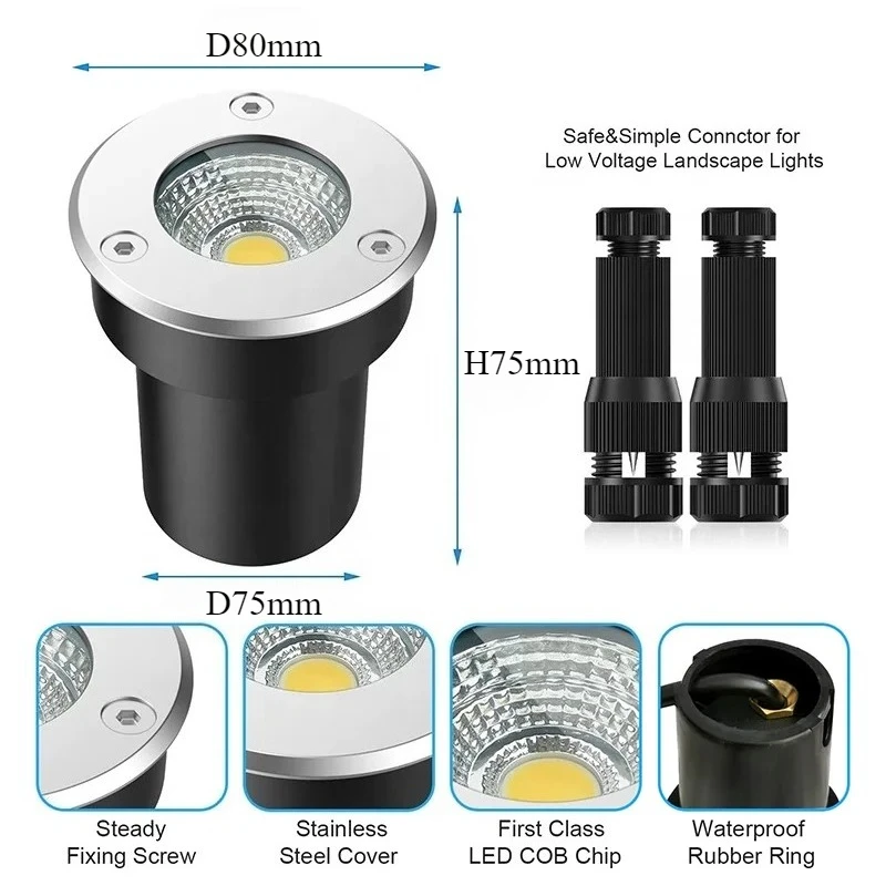 Stainless Steel IP67 LED Inground Light DC12-24V 3W 7W with Connector Garden Underground Deck Lamp Outdoor Landscape Spotlight