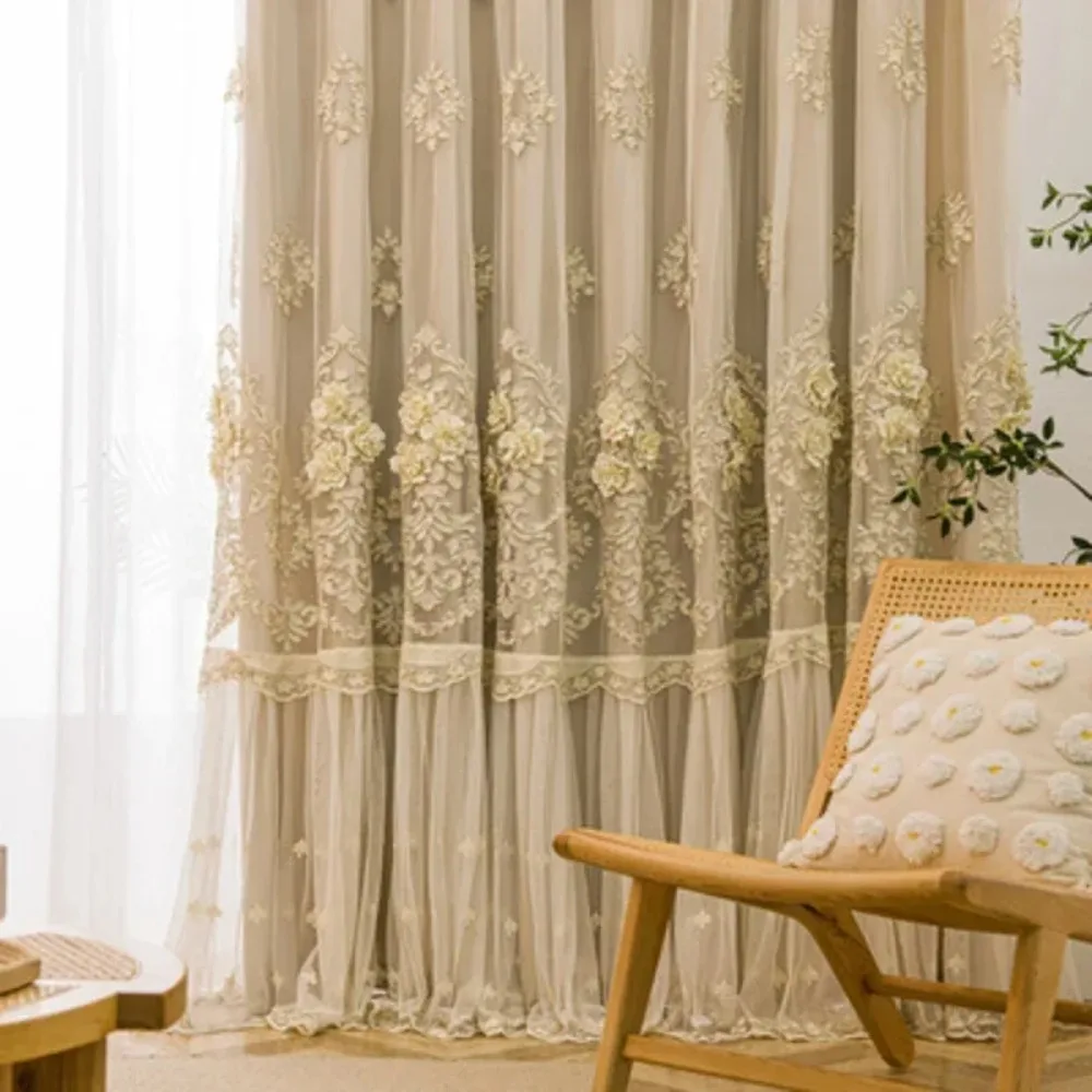 3D Embroidered Pearl Window Screen Double Layer Curtains for Living Room Bedroom Balcony Bay Window Customized Villa High Window