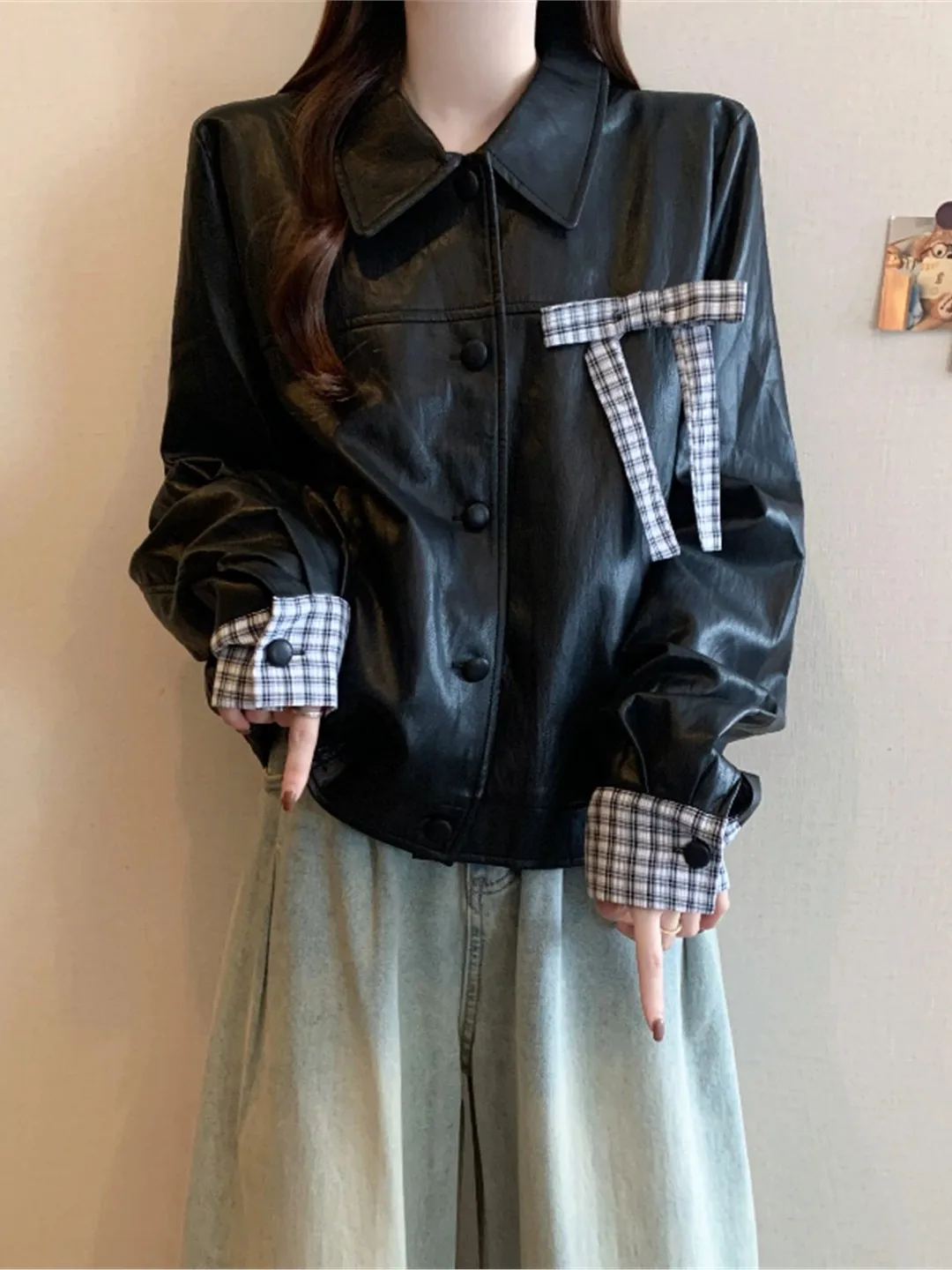 

Ретро-кардиган из искусственной кожи для полных женщин, с узлом, больших размеров, верхняя одежда