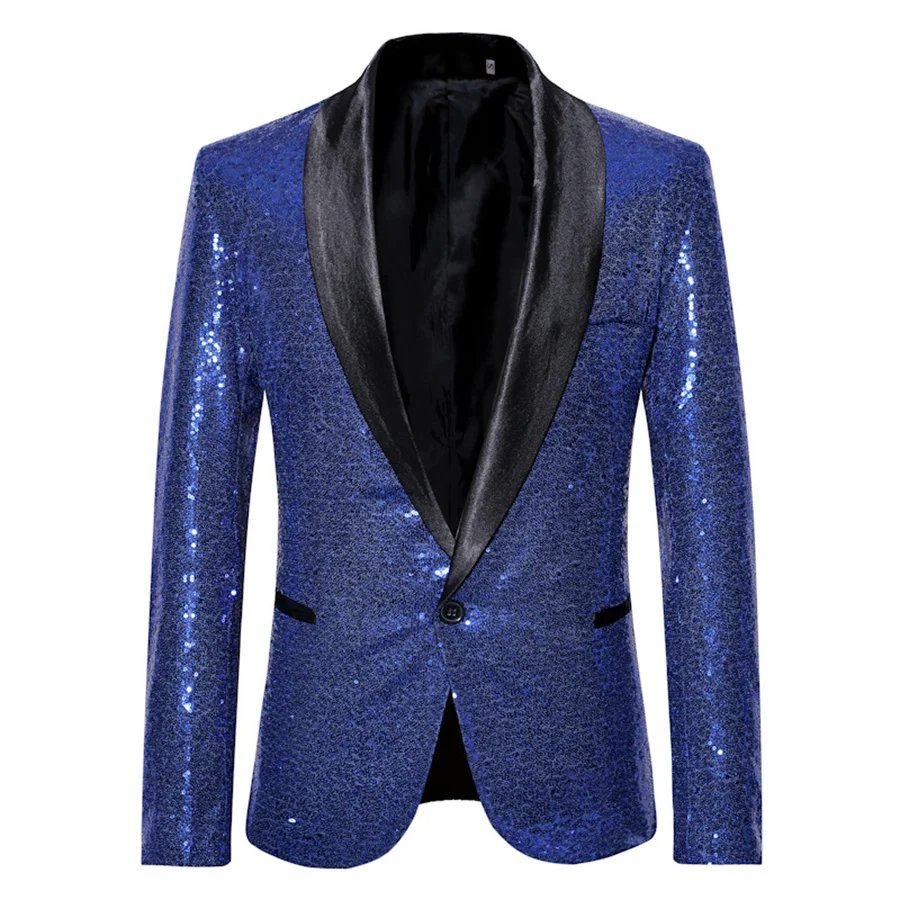 Shiny Blue Sequin Glitter Men\'s Blazer Nightclub Prom Suit Jacket for Men Costume Homme Stage Clothes for Singers Performance