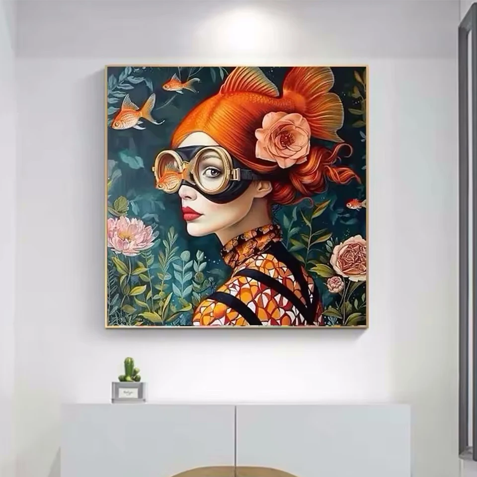 Diamond Painting 5DDIY Surrealist Female Portrait Mural Wonderful Fantasy Fish and Girl Living Room Home Decoration