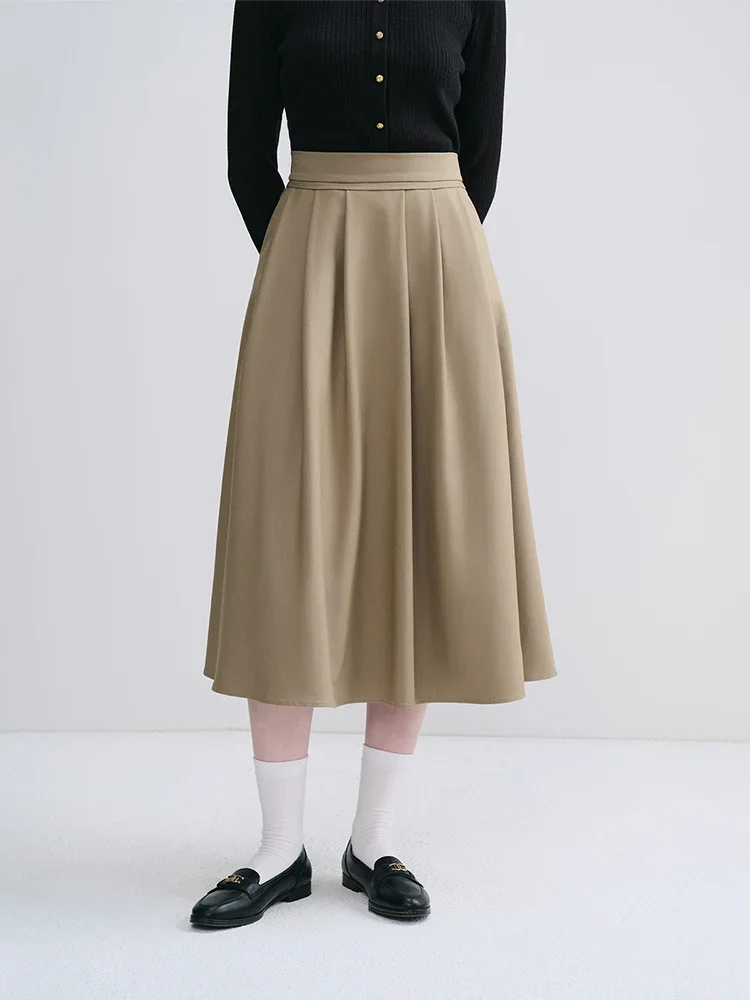 FSLE Office Lady Dark Khaki Temperament Women Long Pleated Skirts High Waist Solid Zipper Waist Twill Skirt Female A-LINE Skirt