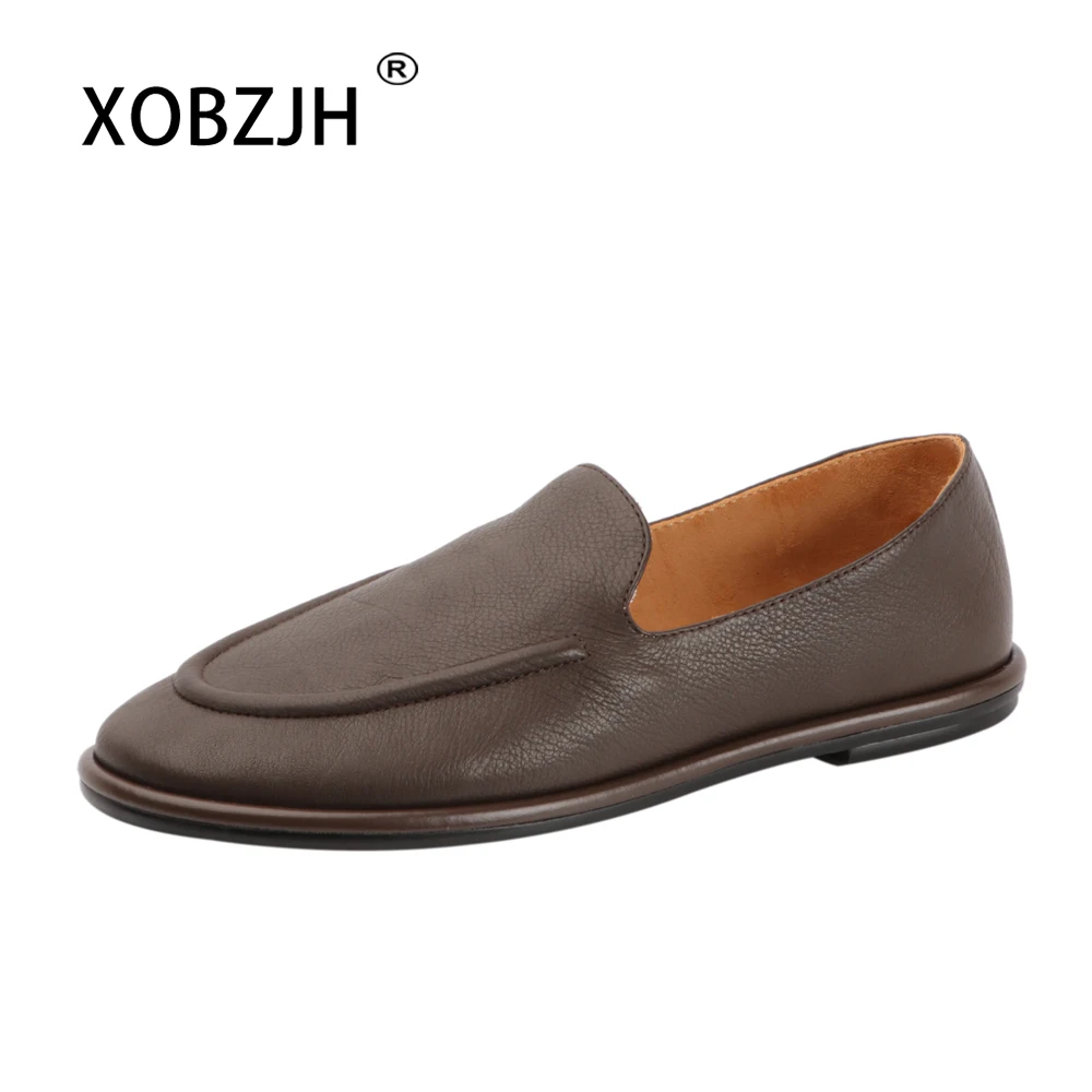 2024 Mocasines Mujer Loafers Women Round Toe One Foot Slip-on Shoes Women Genuine Leather Soft Female Ballet Dancer Flats Shoes