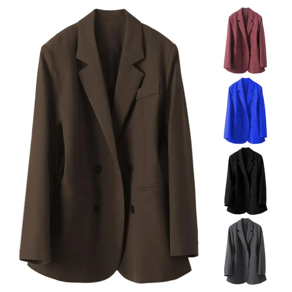 Manteau imbibé élégant pour femme, veste à double boutonnage pour femme, revers monochrome, manteau de bureau pour femme avec poches pour professionnel