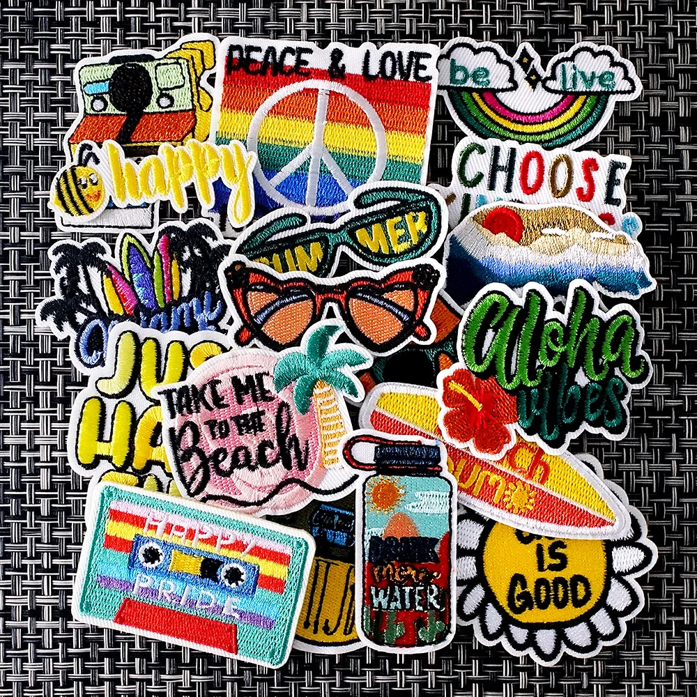 18Pcs/Lot Peace Love Rainbow Beach Iron on Patches Cloth Embroidered Applique Sewing Clothes Apparel Accessories Mend Patch