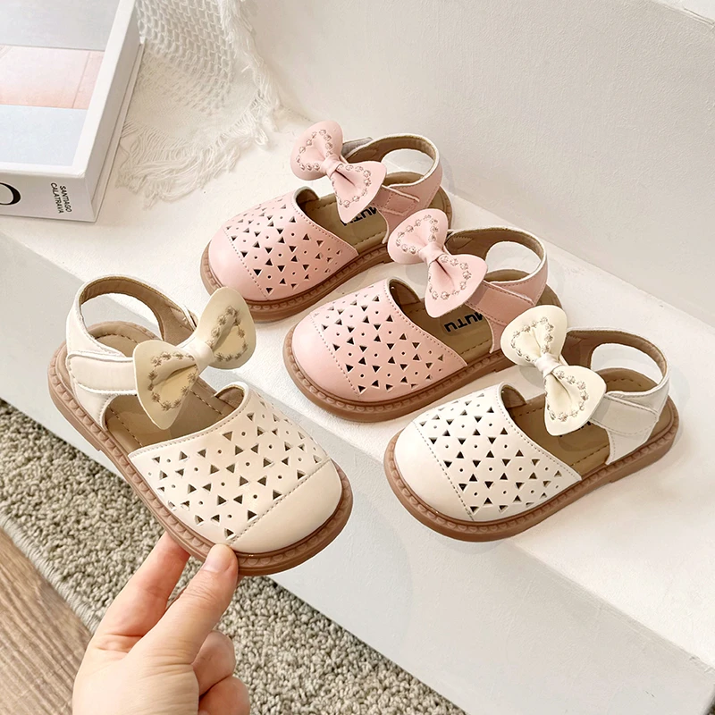 

Girls Summer Beach Sandals Non-slip Kids Flats Princess Sandals with Bow-knot Children Hollow Toes Capped Shoes Solid Color