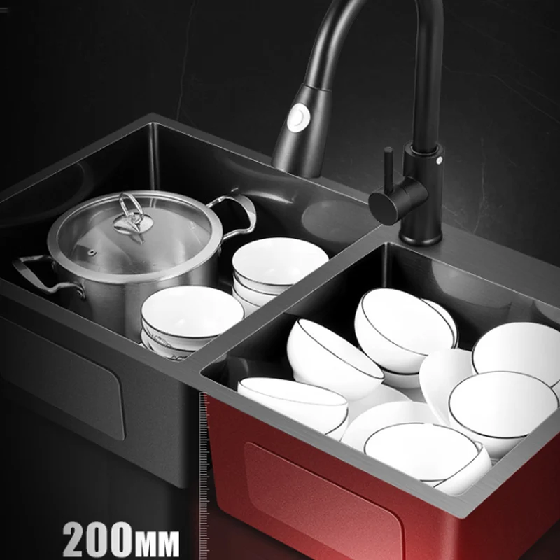 Fregadero de cocina negro Nano de acero inoxidable 304, lavabo de verduras para el hogar, accesorio con grifo de cocina, accesorios de drenaje, montaje superior