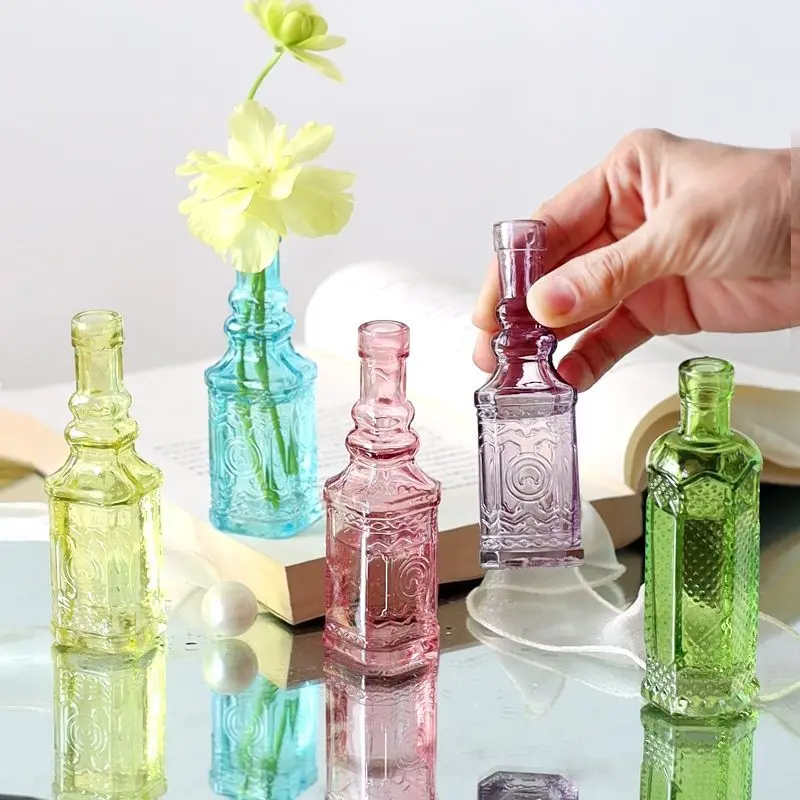 Vintage Relief French Glass Desktop Mini Vase Colored Ins Advanced Sense Photo Props Home Decoration Room Decoration Accessories