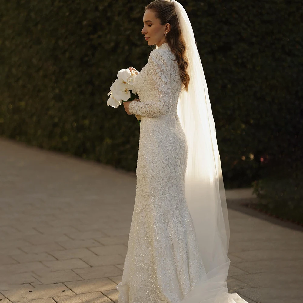 

Graceful Civil Wedding Dresses High Neck Long Flare Sleeve Lace Bride Dress Sweep Train Bridal Gown Customized robe de mariée