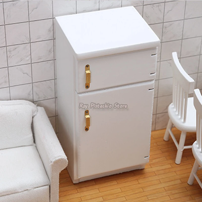 1/12 Doll House Miniature Freezer Model Wooden White Refrigerator Simulation Kitchen Accessories Furniture Toys Girls Play House