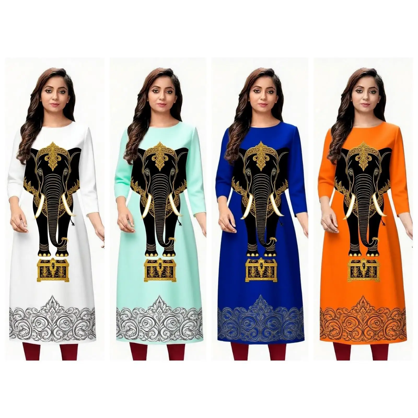 Abito da donna kurt alla moda a maniche lunghe a tubo dritto, casual, girocollo, motivo elefante.