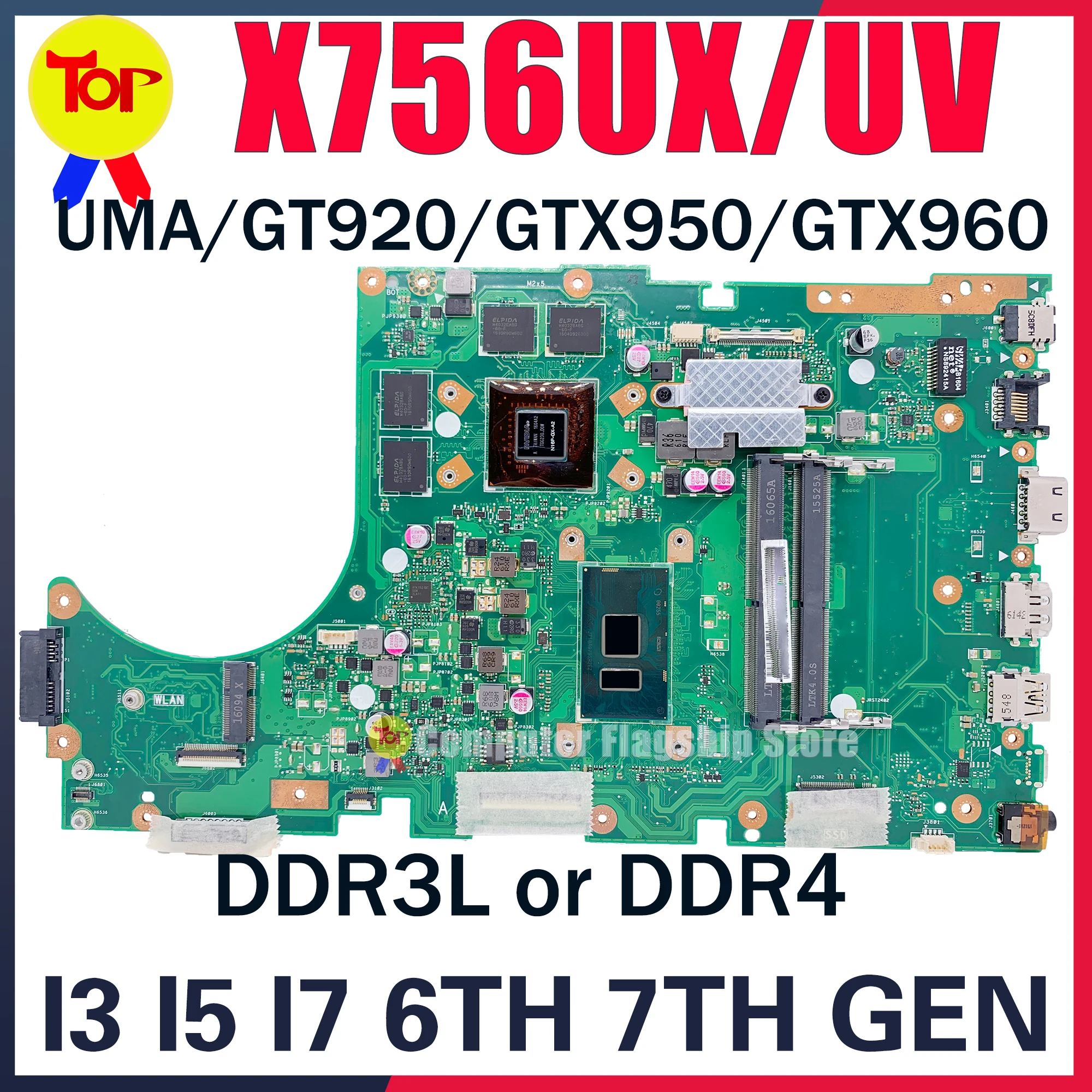 X756UX Laptop Motherboard For ASUS X756UXM X756UJ X756UV X756UXK X756UW X756UA X756UAK X756UAM K756U X756UB I3 I5 I7  Mainboard