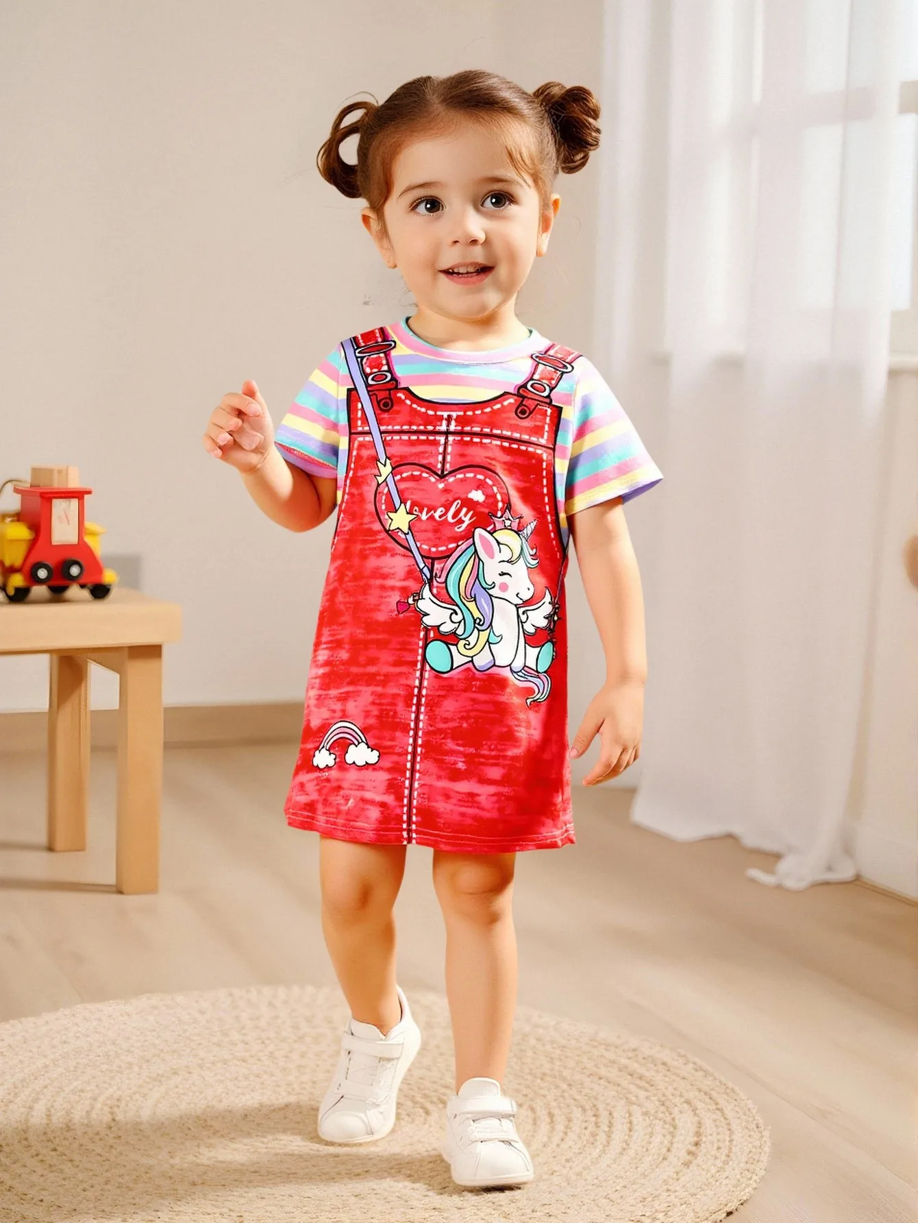 Sommer Mädchen süßes lässiges Regenbogenstreifen bedrucktes Rundhals-Kurzarm-Freizeit-T-Shirt-Kleid