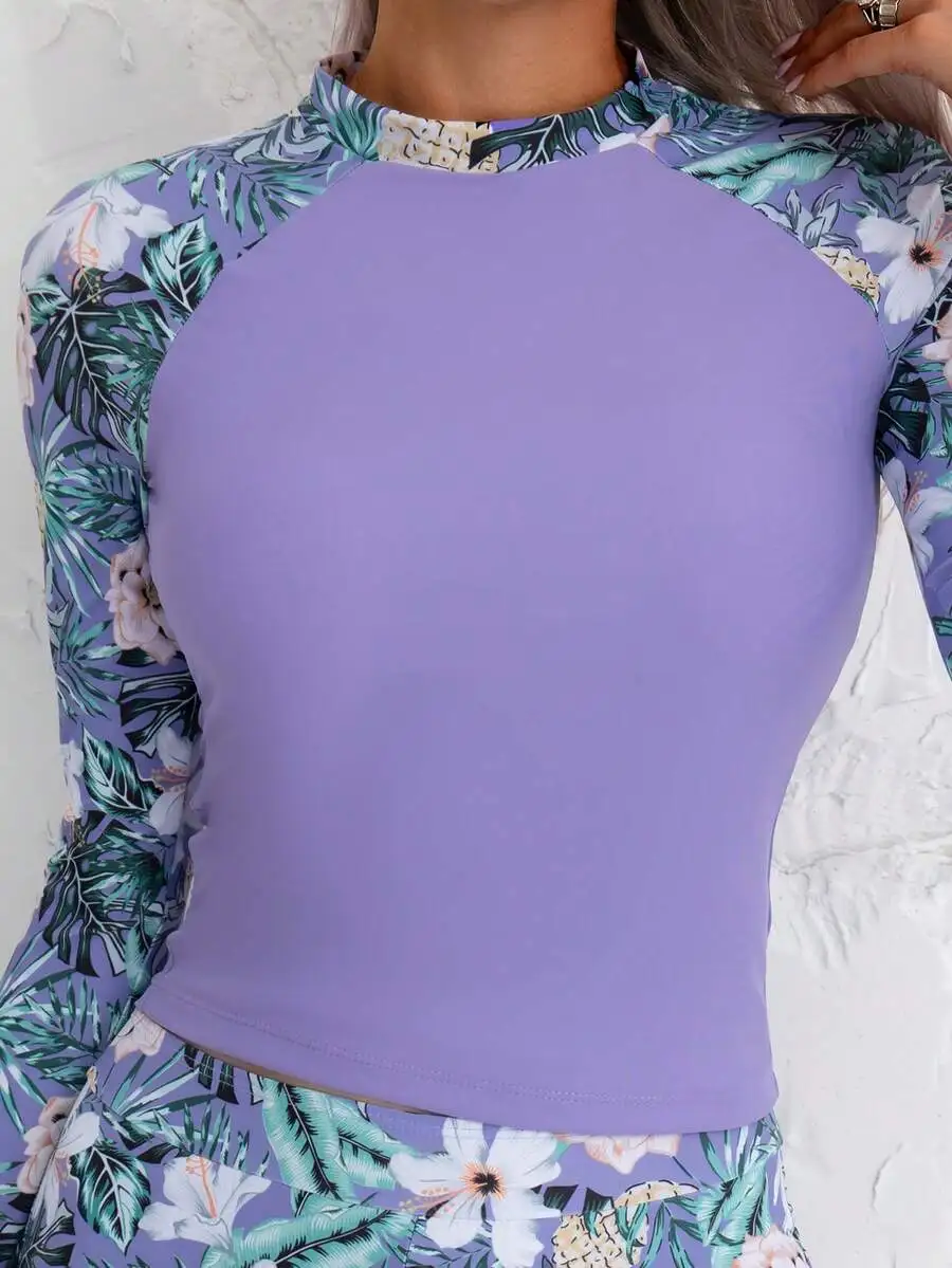 

Tropical Print Long Sleeve Tankini Swimwear Set For Women Summer Beach Vacation