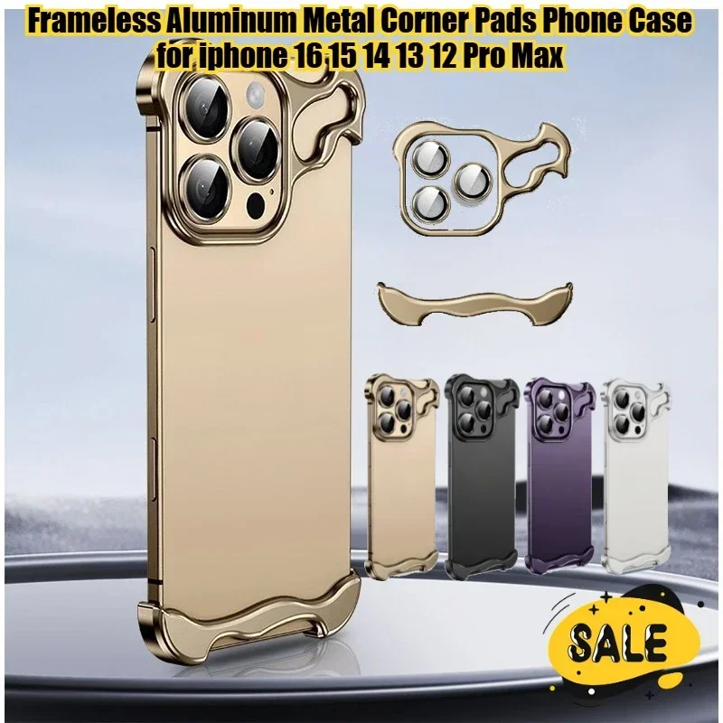

Frameless Aluminum Metal Corner Pads Phone Case for Iphone 16 15 14 13 12 Pro Max Simple Design Case Protective Cover Lens Film