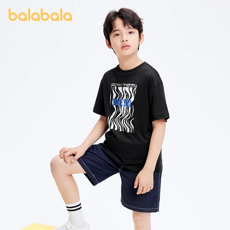 

Balabala Short-Sleeve Set Boys Color-Blocked Printed Casual Two-Piece Set Loose Fit 2024 Summer New Cool and Trendy Big Kids