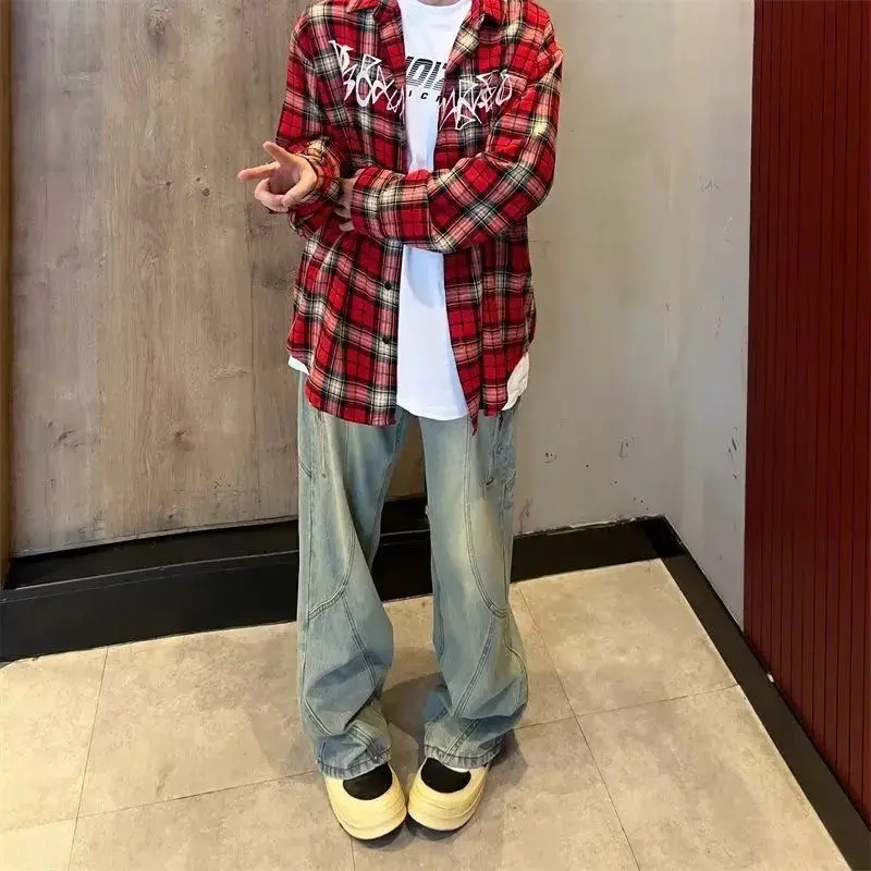 Deeptown Vintage Langarm Plaid Shirts Frau y2k koreanischen Stil Harajuku Mode Blusen japanische 1920er Jahre übergroße Karo-Tops