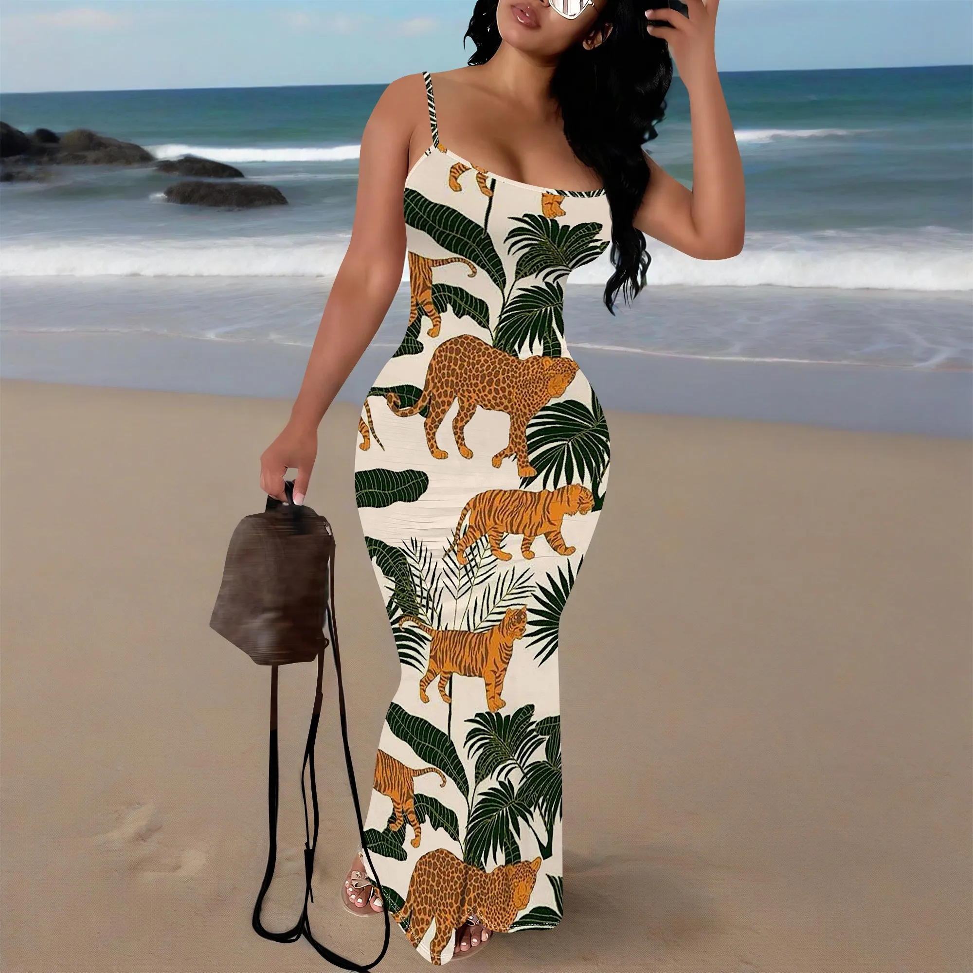 

leopard Jungle Print Spaghetti Strap Maxi Dress Women Sexy Bodycon Mermaid Summer Beach Dress 2025