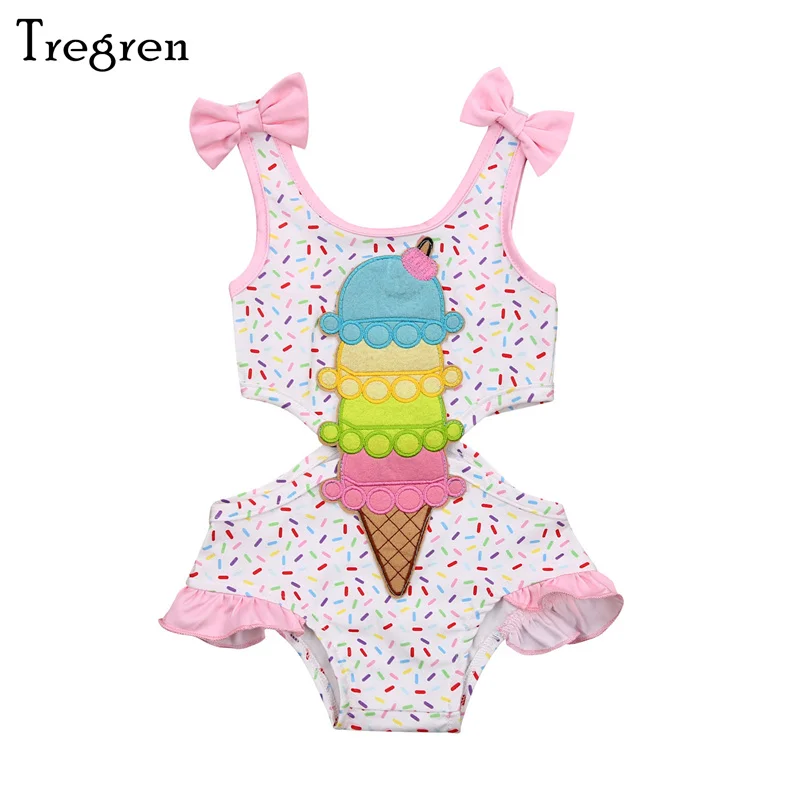 

Tregren 0-3Y Cute Toddler Infant Baby Girls Ice Cream Print Swimsuit Bow Ruffle Hollow Suspender Swimwear Summer Beachwear