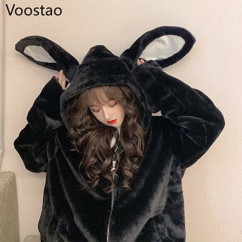 Autumn Winter Gothic Harajuku Couple Hoodies Cute Rabbit Ears Black Hooded Outwear Women Sweet Korean Loose Warm Plush Coats