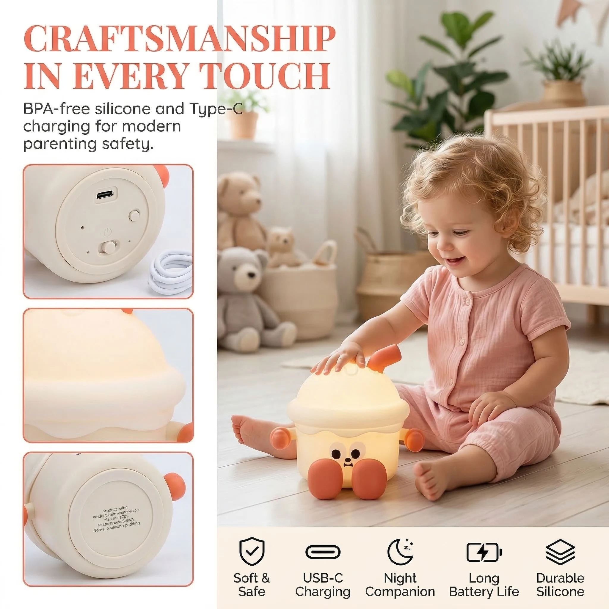 

Ночник-светильник Ice Cream Slap Night Light - милый силиконовый светильник с USB-зарядкой, автоматическим отключением и 3 уровнями яркости для детей, подростков и взрослых
