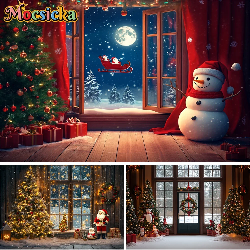 

Christmas Backdrop Xmas Tree Santa Claus Gift Window Fireplace Baby Family Portrait Photography Backgrounds for Photo Studio