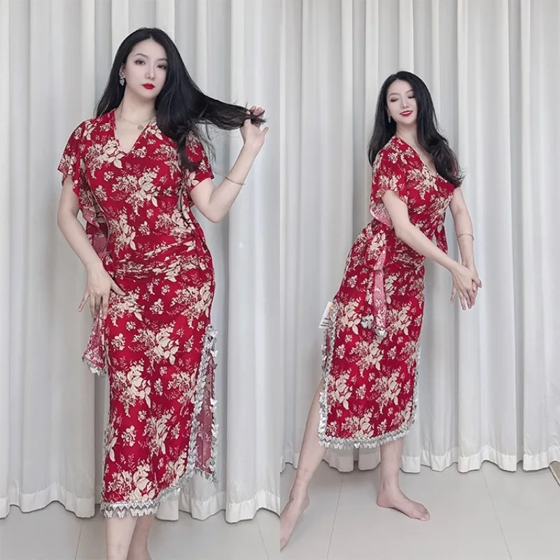 맞춤형 밸리 댄스 의상 훈련 옷 뷰티 바 스팽글 프린트 로브 유행하지 않은 민속 지팡이 오리엔탈 댄스웨어 3pcs