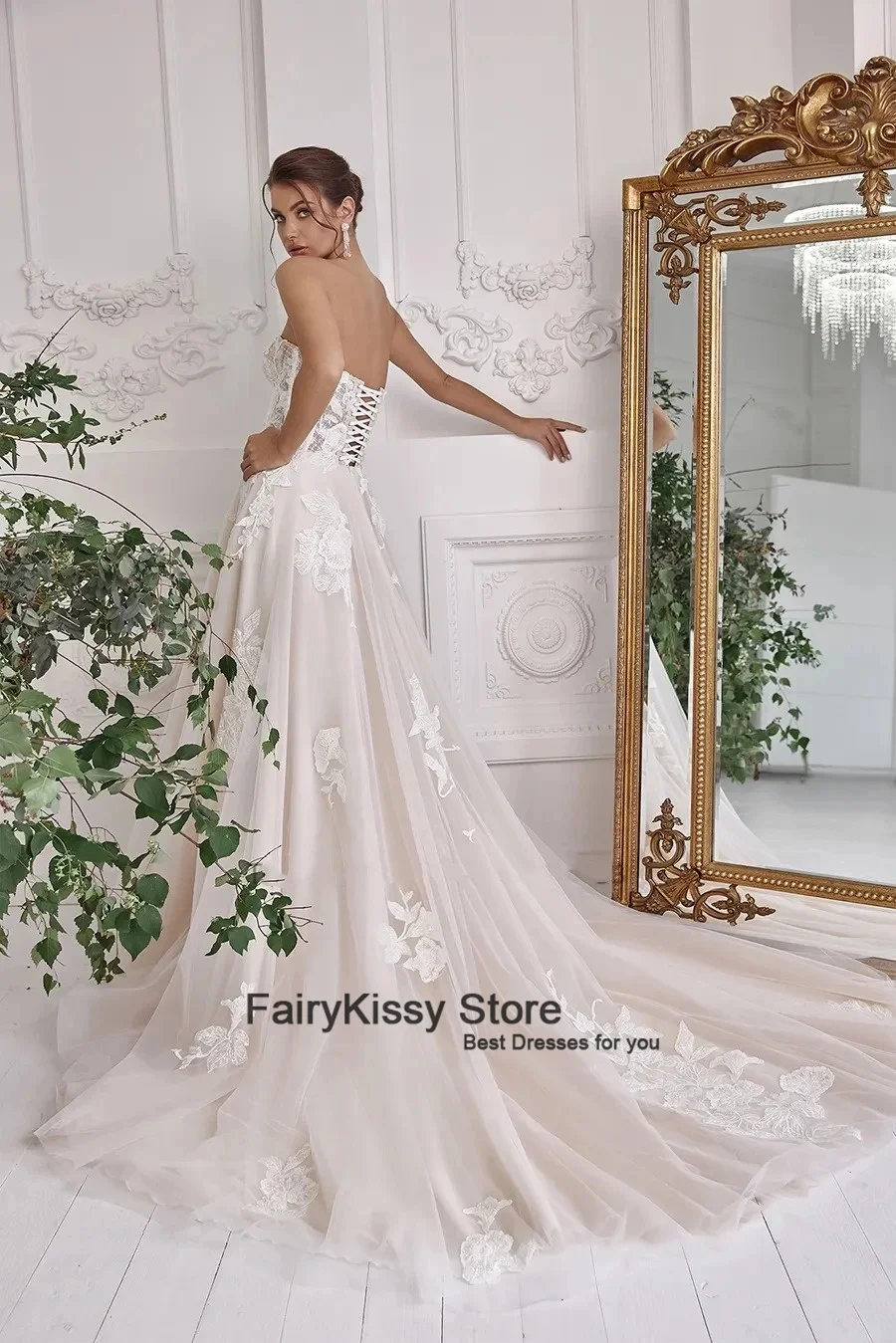 FairyKissy-exquisitos sin tirantes Vestidos de novia, trajes de novia con abertura lateral, sin mangas, con apliques de encaje, de lujo, 2024