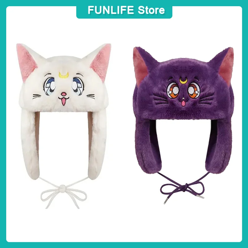 Anime Sailor Moon Cartoon Cat Hat Luna Artemis Figure Skiing Cap Ear-Covered Windproof Hat Winter Plush Warm Hat Chrismas Gifts