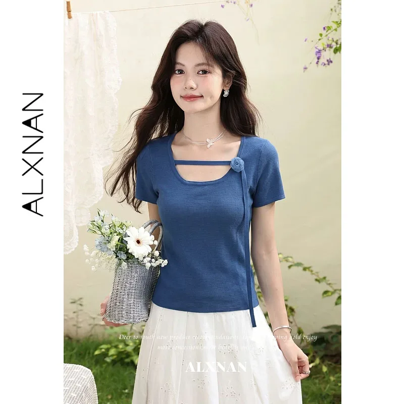 ALXNAN Blue Knitted T-shirt Women Summer Elegant 3D Rose Decor Short Sleeve T-shirt Casual Elegant Female Clothing 2026 L660151A