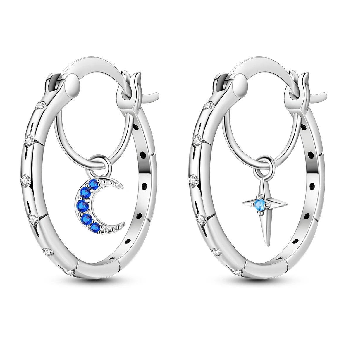Pendientes de Aro de Plata de Ley 925 con Estrella y Luna, Pendientes Huggie con Estrella y Luna Creciente en Circonita Azul para Mujer, Joyería Versátil para Fiestas y Bodas, Regalo