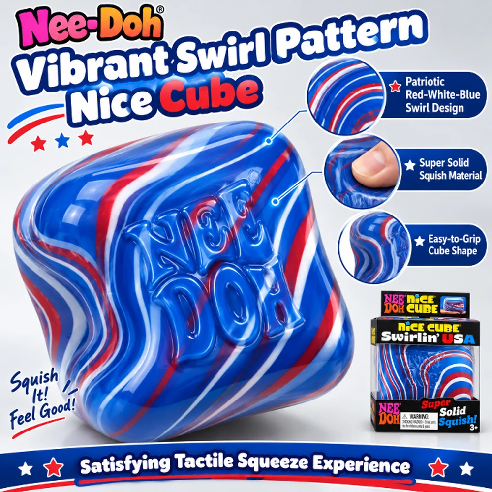 Needoh Nice Cube Swirlin’ USA limited Sensory Stress Relief Squishy Cube Anti-Anxiety Squeeze Object For Focus ADHD Population