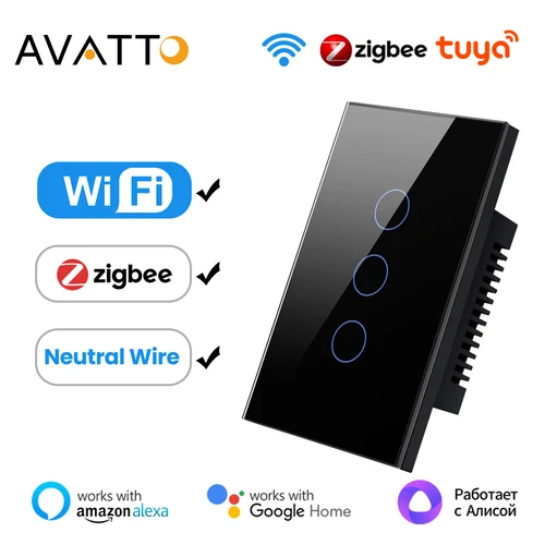 AVATTO Tuya WiFi/Zigbee interruptor de luz inteligente, Cable neutro requerido Panel de vidrio Interruptor táctil funciona con Alexa,Google Home,Alice