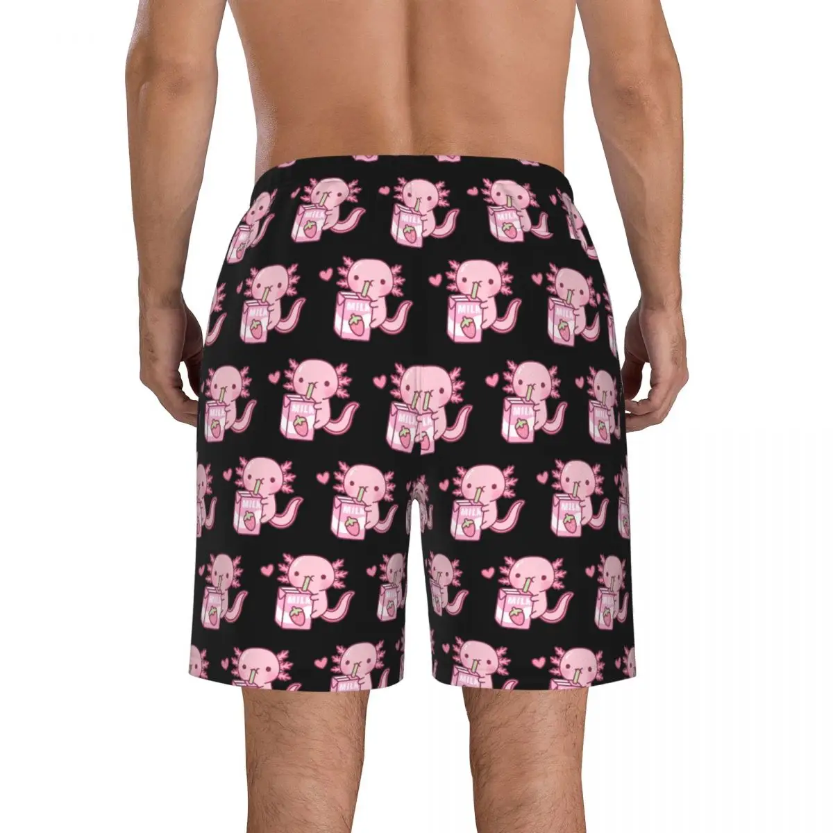 Cute Axolotl Loves Strawberry Milk Doodle Trunks Beach Board Shorts Casual Quick Dry Swim Summer Men Pants