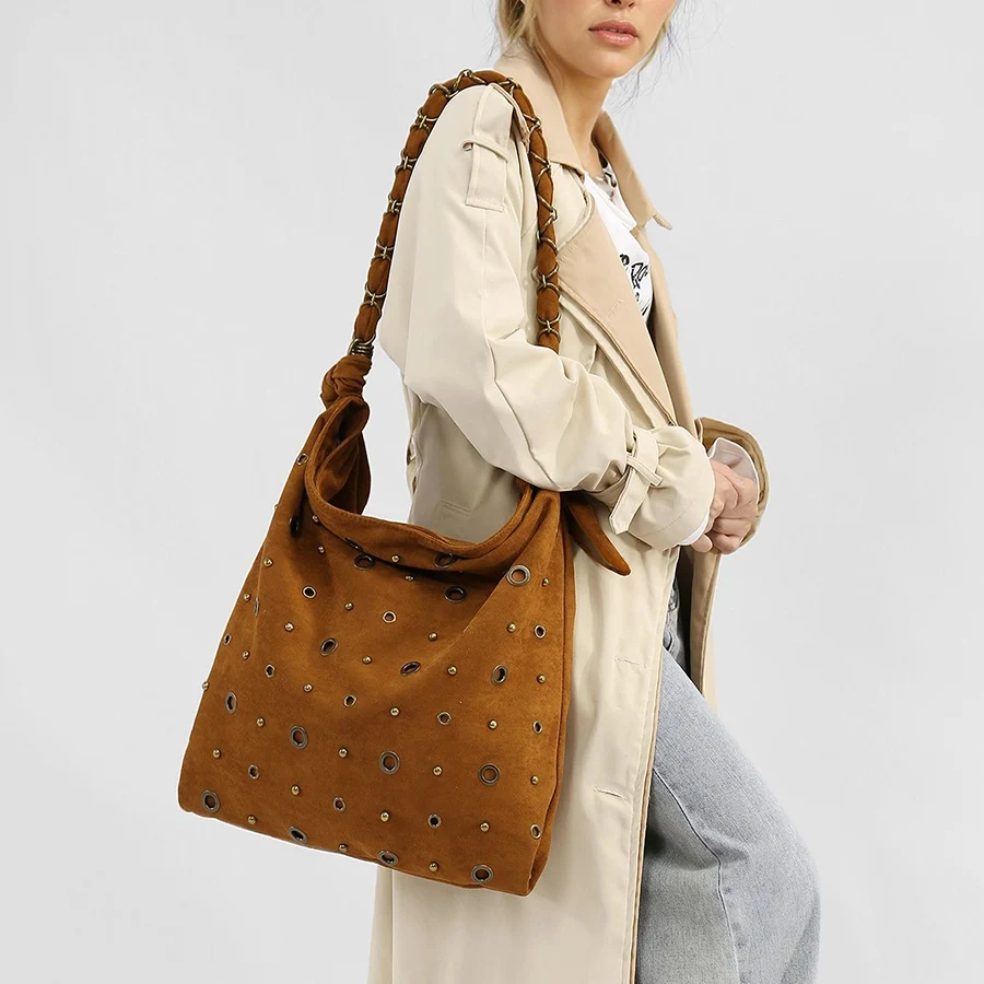 

New style soft suede leather with rivets design purse handbags versatile single-shoulder bag casual brown underarm tote bag sac