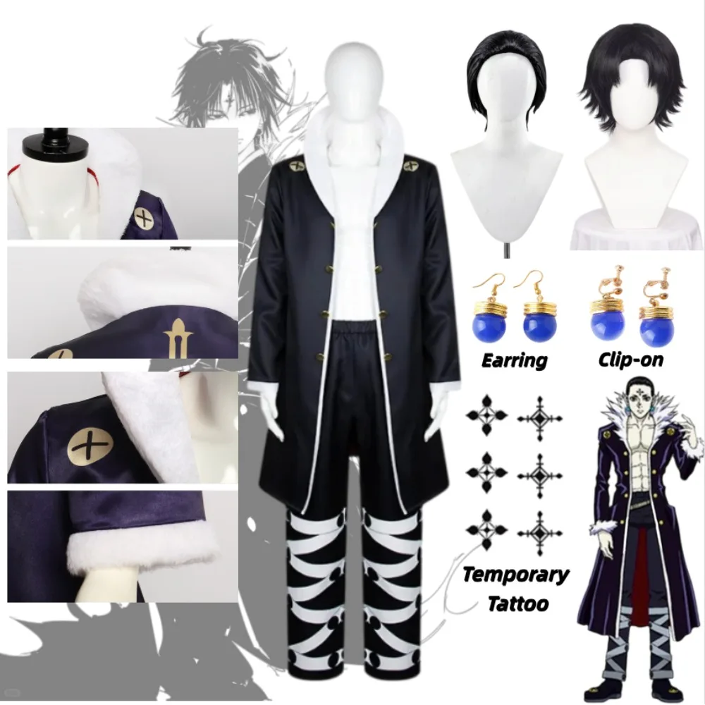 Hunter X Hunter Chrollo Lucilfer Cosplay Costume Black Trench Coat Pants Wig Halloween Comic Con Party Outfit Anime Role Play