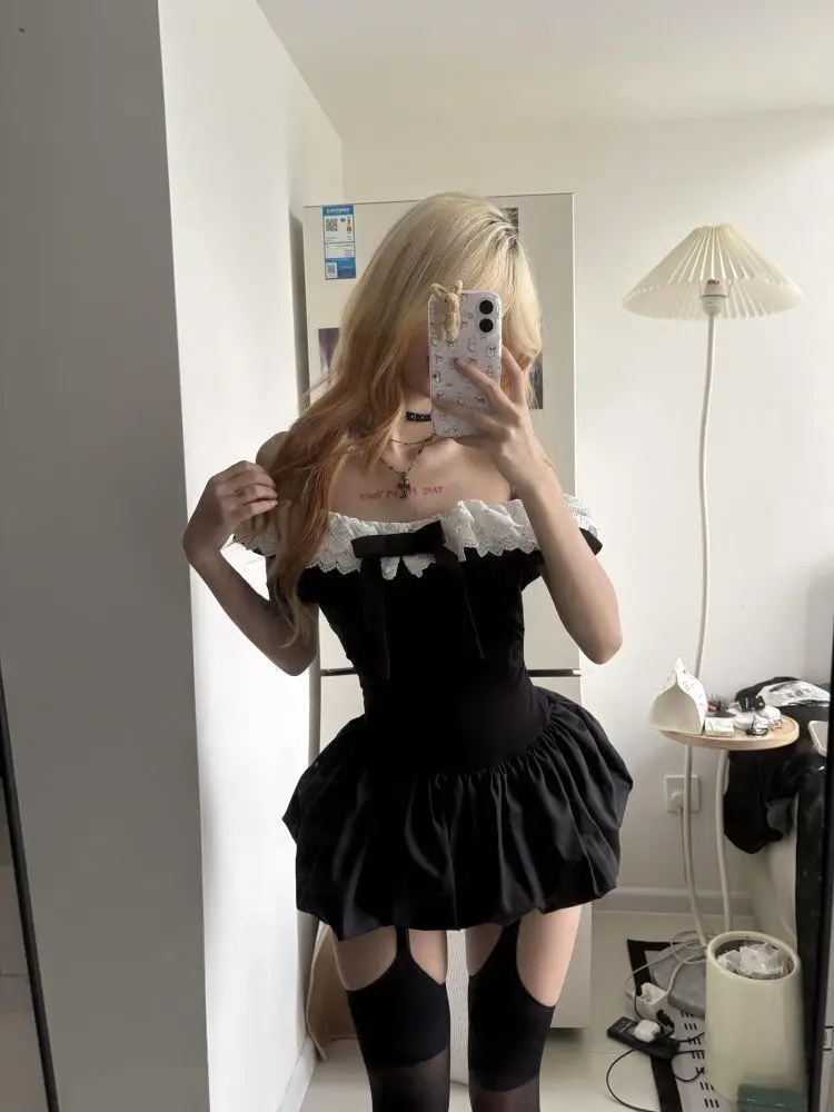 Coquette Korean Sexy Off Shoulder Lace Trim Bow Slim Fit 2 Piece Set Women Black Mini Bubble Dress Shorts Daily Wear Clubwear view 4